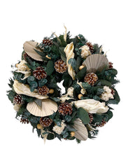 Corona Navideña Colgar Blanca para Puerta 50cm - Follajes Preservados, Galatea y Abanicos