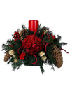 Centro de Mesa Navideño Redondo Rojo con 1 Vela 40cm - Follajes Preservados, Berries y Hortensias